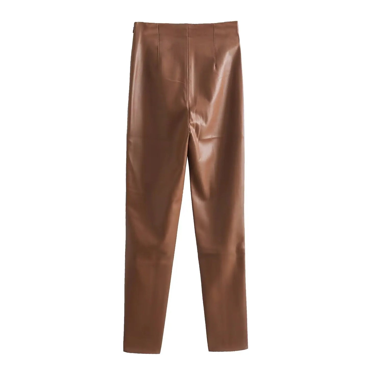 TRAFZA 2024 Women Stylish Stretch Pants Streetwear Solid High Waist Ladies PU Faux Leather Pencil Trousers Full Length Bottoms