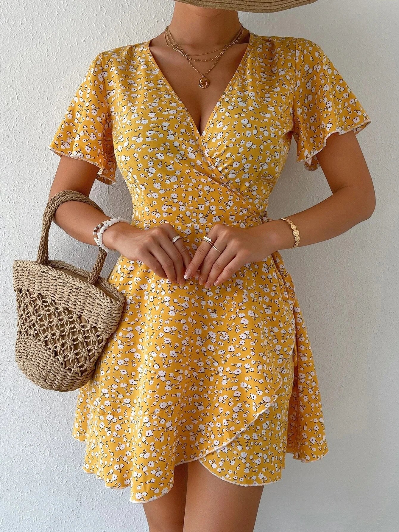 Women Sexy Printed A Line Dress Summer Bohemian V-Neck Short Sleeved Mini Dresses