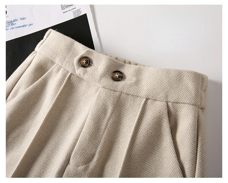 Herringbone Woolen Women's Pants Autumn and Winter 2024 New Elastic Waist Flare Pants Fashion Warm Comfort Black Trousers Women