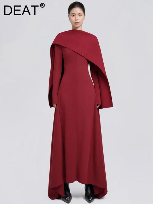 DEAT Elegant Dress Irregular Design Shawl Patchwork Long Sleeve Waist Backless Women's Evening Dresses 2024 Autumn New 13DL245