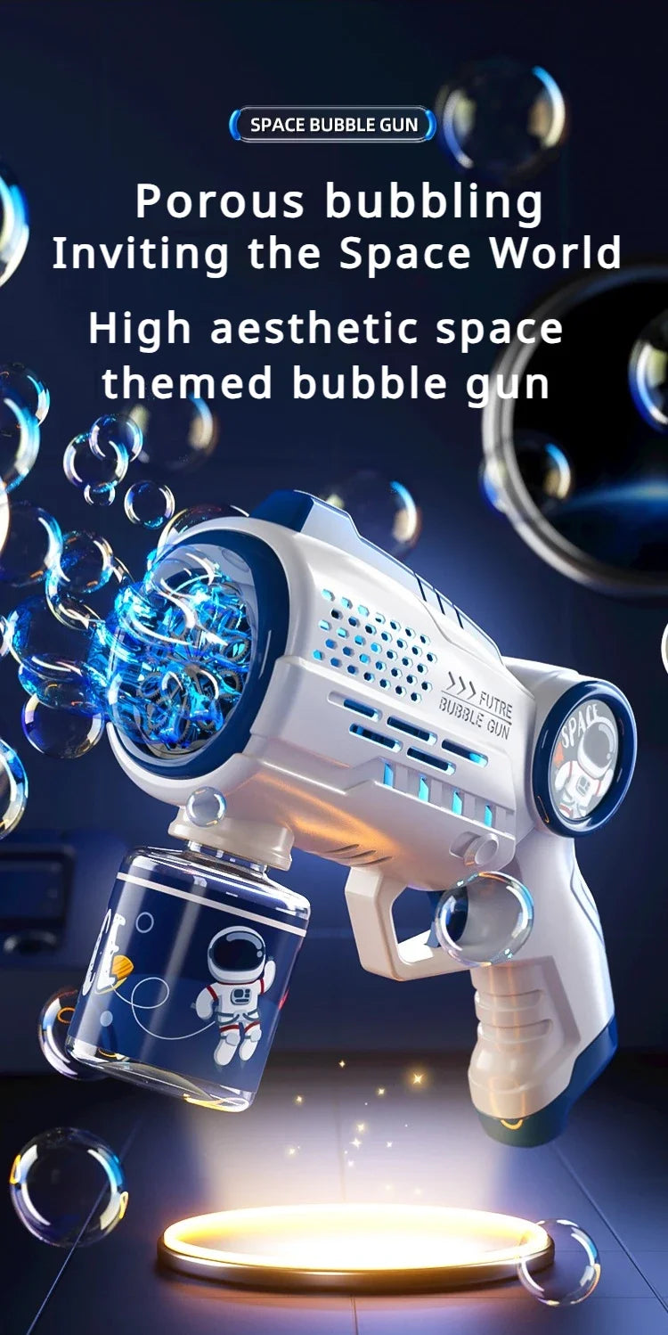 Electric Space Multi Hole Bubble Machine With Lights Fully Automatic Colorful Soap Handle Bubble Gun Children's Toy Outdoor Game