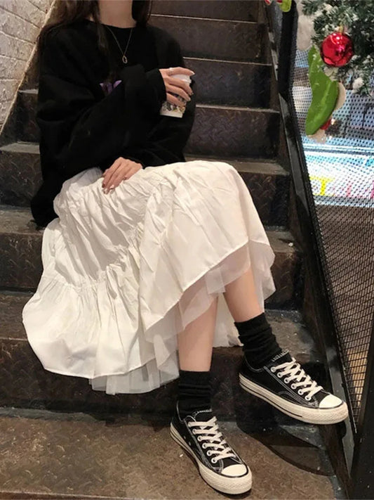 Long Tulle Midi Skirts Womens  Autumn Elastic High Waist Mesh Tutu Pleated Skirts Female Black White Long Skirt Streetwear