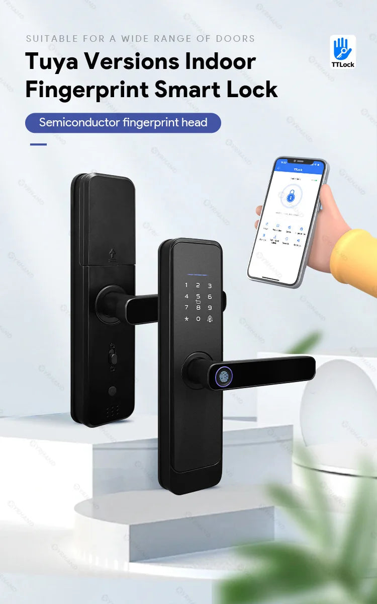 YRHAND Matt Black Fingerprint Door Lock TTLock App Code Card Key Smart Door Lock Security Digital Electronic Lock For Home