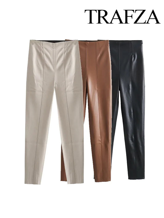 TRAFZA 2024 Women Stylish Stretch Pants Streetwear Solid High Waist Ladies PU Faux Leather Pencil Trousers Full Length Bottoms