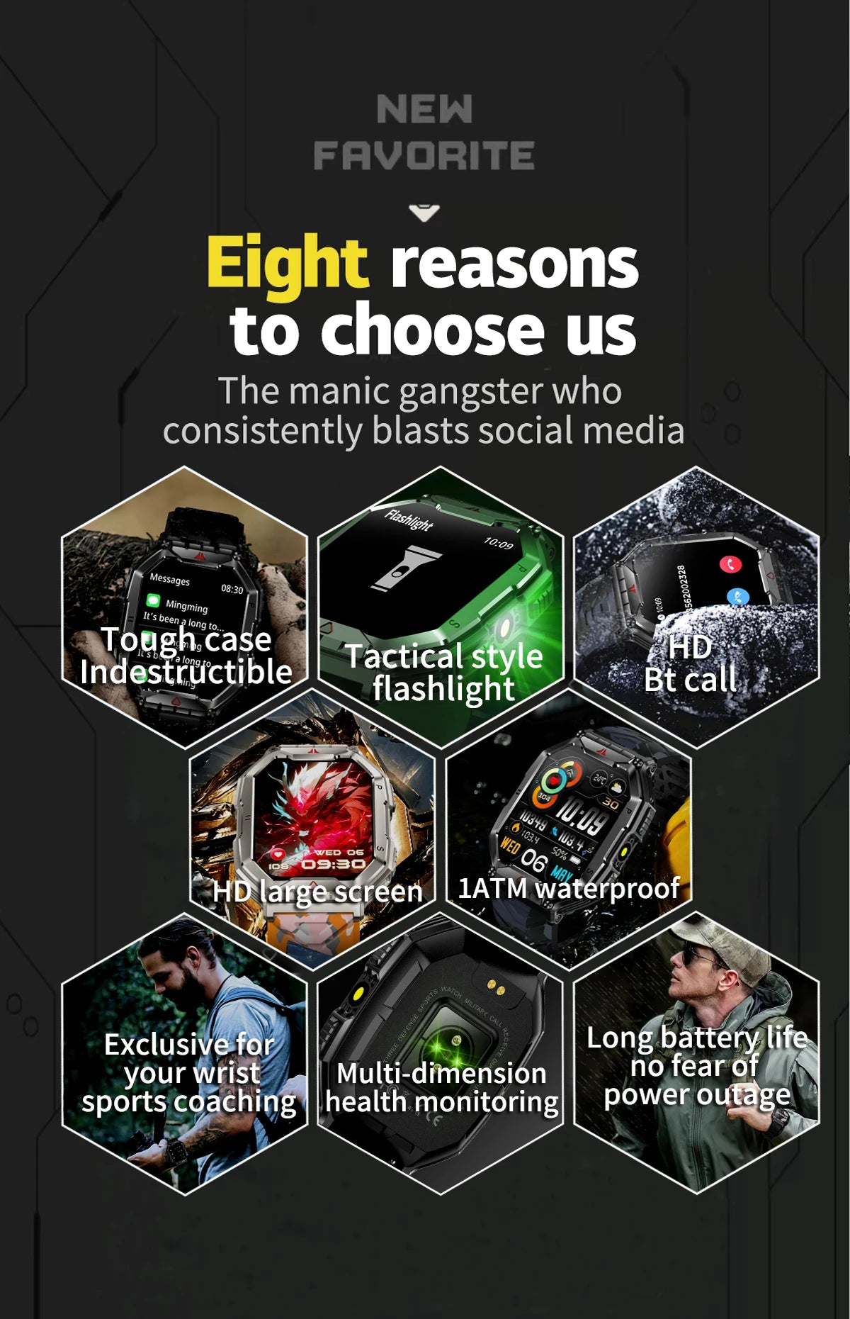 2024 New Rugged Military With LED Flashlight Smart Watch Men Heart Rate Bluetooth Call Waterproof Outdoor SmartWatch For Xiaomi