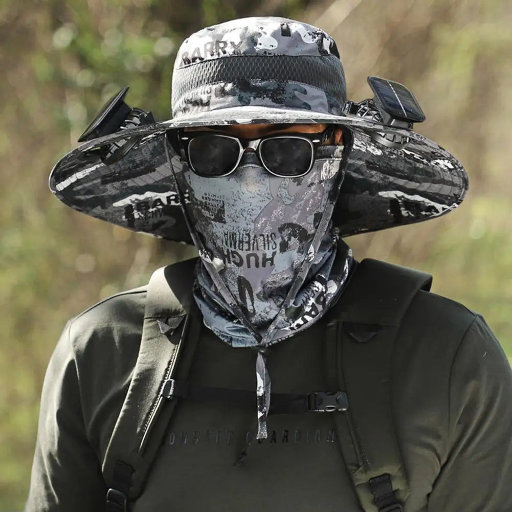 Men Fisherman Hat With 2 Solar Fan Windproof Strap USB Charging Anti-UV Large Brim Fan Sun Hat Sunlight Protection Fan Cap