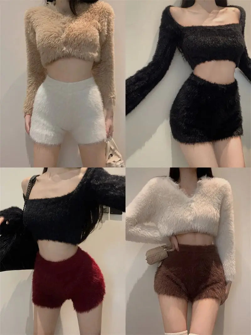 Warm Fluffy Shorts for Women High Waist Autumn Winter Korean Style Fashion Elegant Hot Sweet Female All-match Street Wear Mujer
