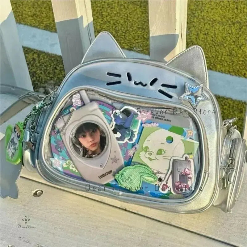 New Y2K Korean Kawaii Cat Ita Bag Cute PU Shoulder Bag Girls Transparent Pocket Harajuku Crossbody Bag Women's Fashion Backpacks