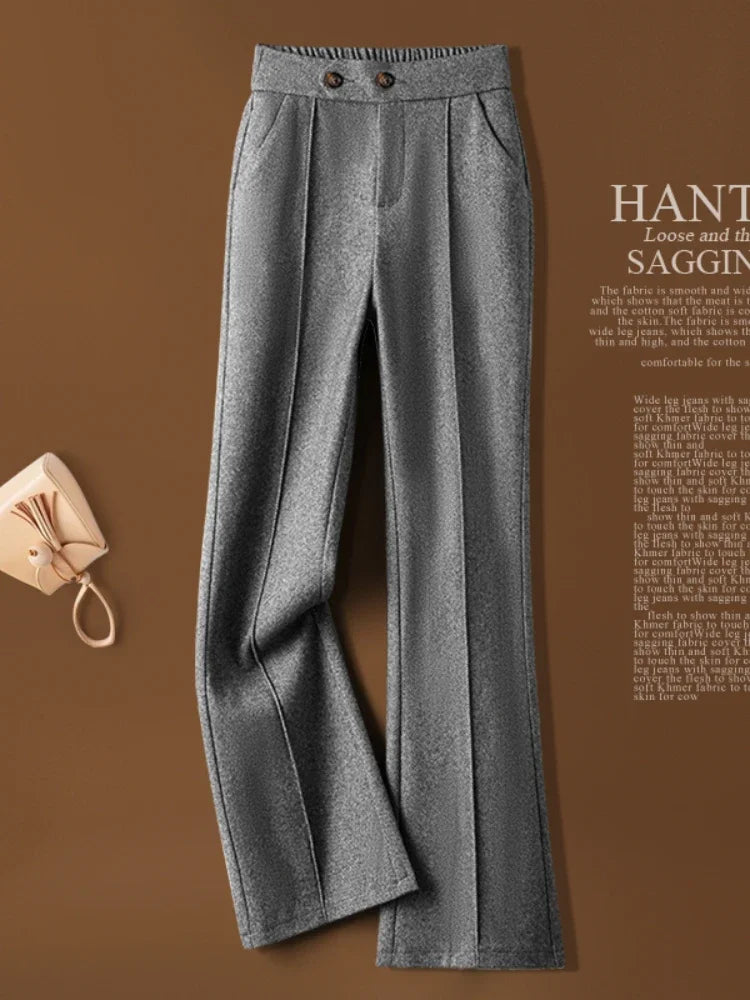 Herringbone Woolen Women's Pants Autumn and Winter 2024 New Elastic Waist Flare Pants Fashion Warm Comfort Black Trousers Women