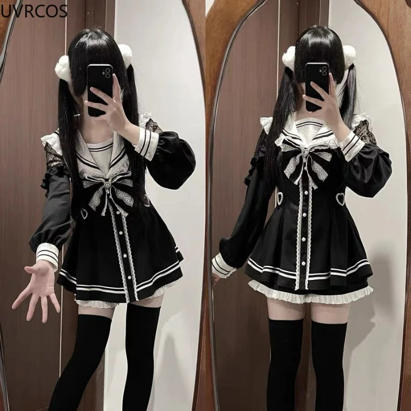 Japanese Style Gothic Y2k Lolita Bow Dress Shorts Set Women Vintage Sweet Long Sleeve Button Shirt Party Dresses Slim Mini Dress