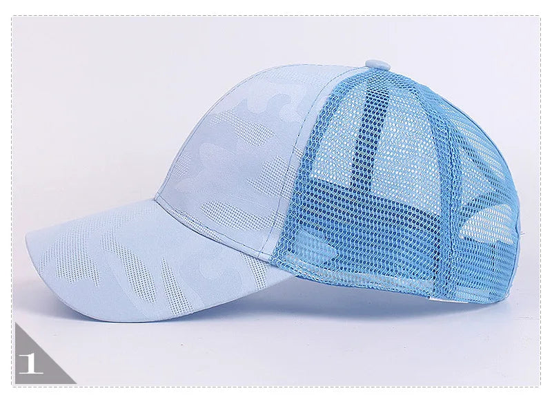 2024 New Summer Camouflage Mesh Trucker Hat Snapback Cap Chapeau Femme Fashion Messy Hair Bun Ponytail Baseball Caps for Women