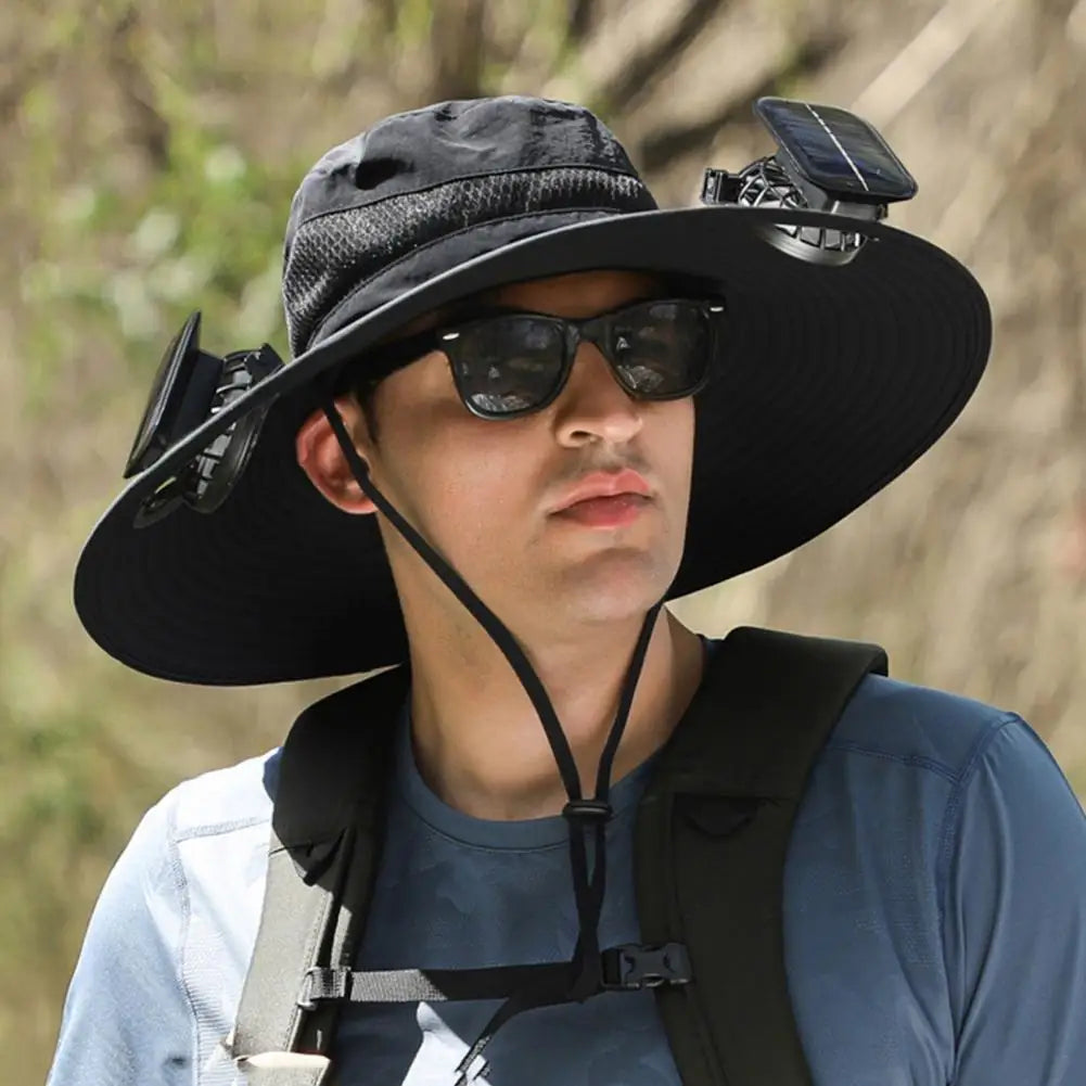Men Fisherman Hat With 2 Solar Fan Windproof Strap USB Charging Anti-UV Large Brim Fan Sun Hat Sunlight Protection Fan Cap