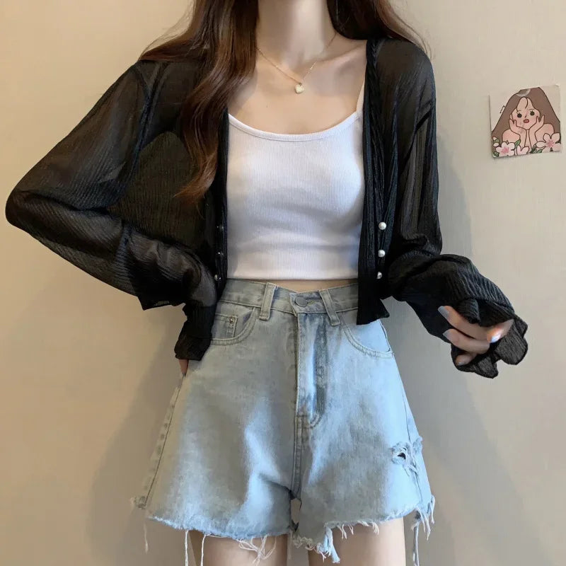 Fairy Style Solid Cardigan Women Summer New Long Sleeve Sunscreen Sweet Beading V-neck Basics Loose Chiffon Cardigana