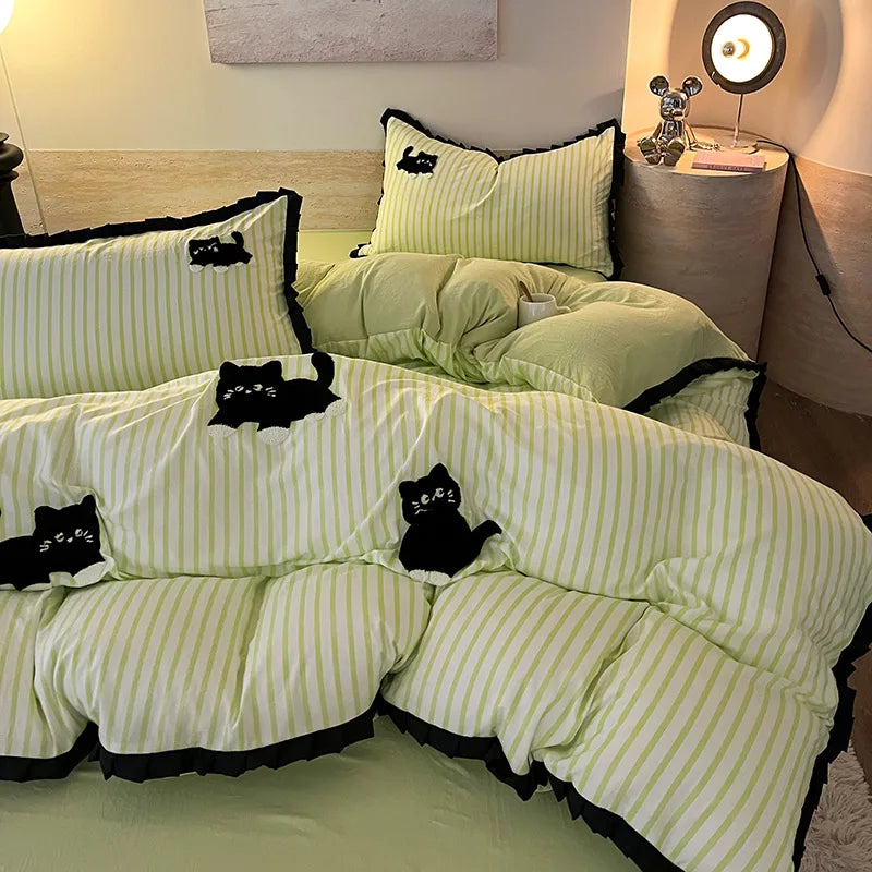 Korean Style Bedding Set Green Strip Black Cat Embroidery Washed Cotton  Duvet Cover Cute Cardboard  Bed linen Comforter Sets
