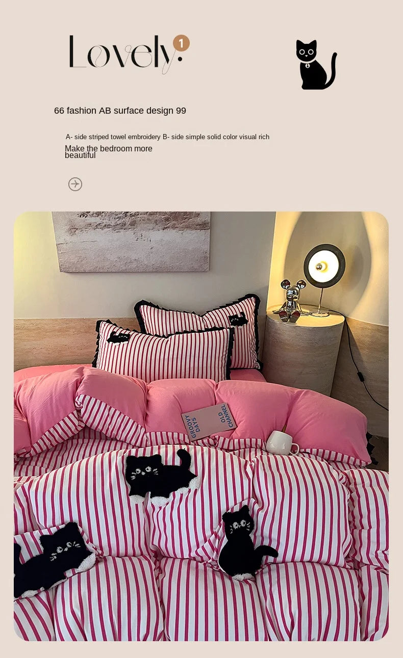 Korean Style Bedding Set Green Strip Black Cat Embroidery Washed Cotton  Duvet Cover Cute Cardboard  Bed linen Comforter Sets