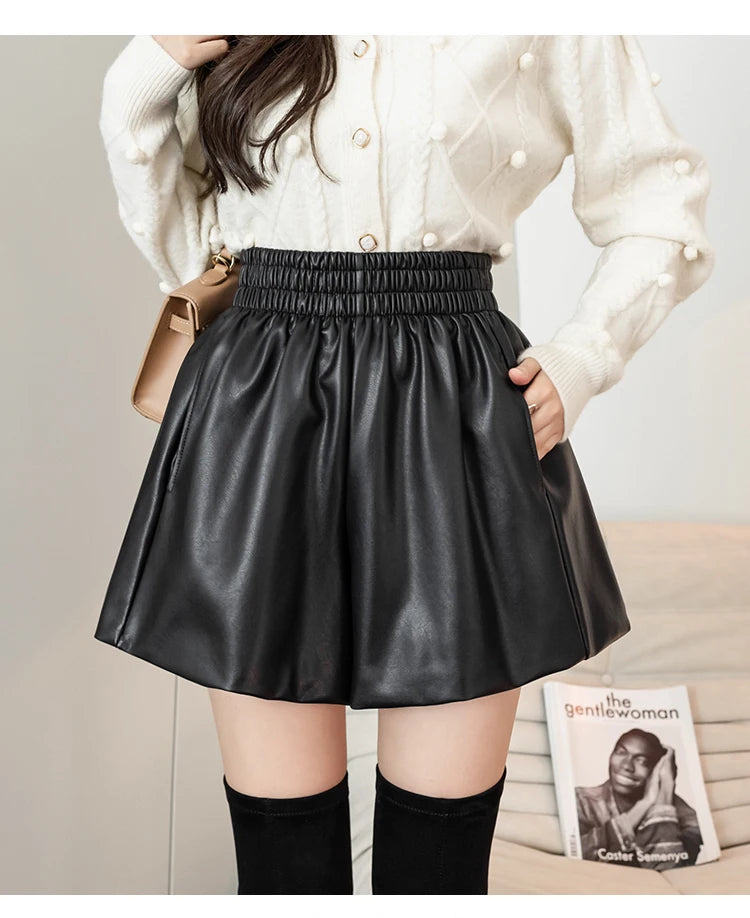Mini Shorts Women Autumn Winter Chic Korean Elastic High Waist PU Leather Shorts Female Coffee Loose A-line Shorts S-XXL