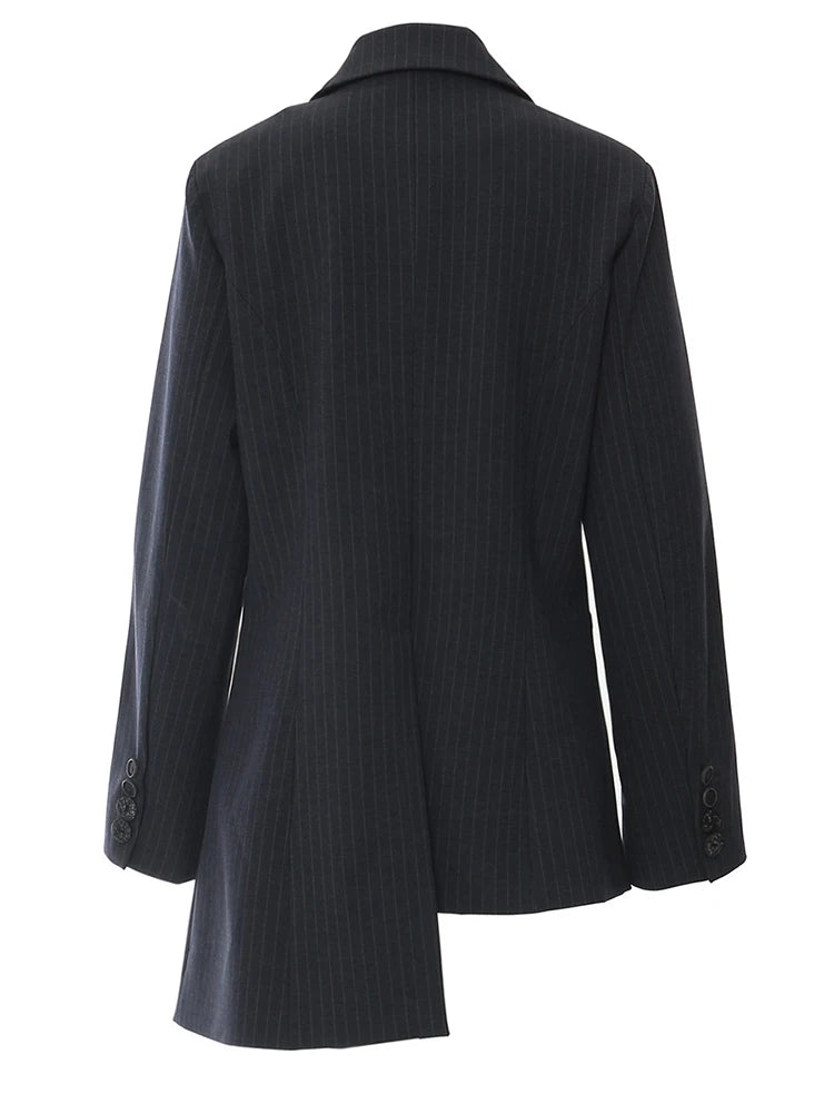 [EAM] Women Navy Blue Striped Irregular Elegant Blazer New Lapel Long Sleeve Jacket Fashion Tide Spring Autumn 2024 1DH5930