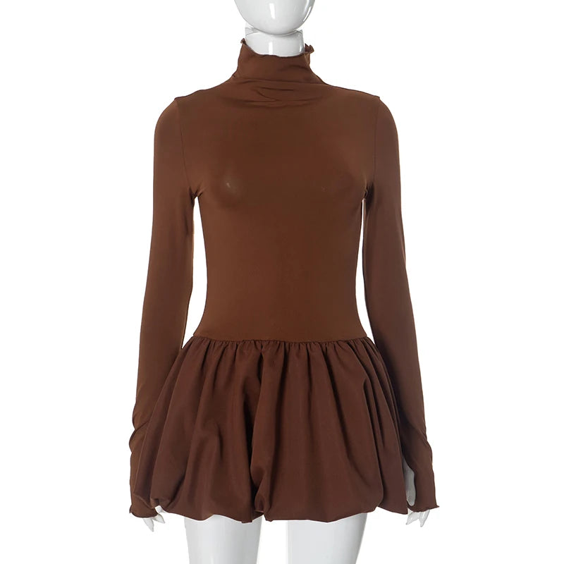 CUTENOVA 2024 Women'S Autumn And Winter New High Neck Long Sleeve Waisted Pod Short Skirt Slim Patchwork Dresses Elegant Lady