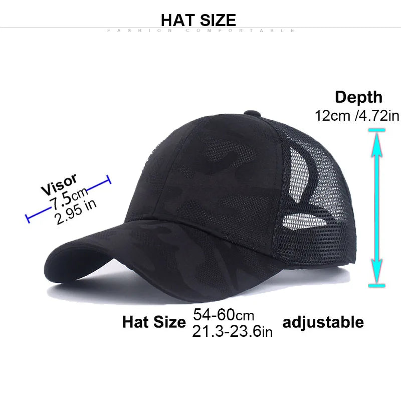 2024 New Summer Camouflage Mesh Trucker Hat Snapback Cap Chapeau Femme Fashion Messy Hair Bun Ponytail Baseball Caps for Women