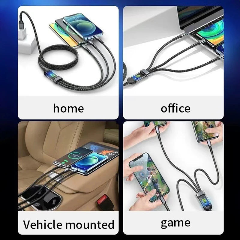 3 In 1 100W LED  Digital Display  USB cable Type C Usb Micro For Iphone Samsung Huawei Xiaomi Multi Port Multiple Charging Wire