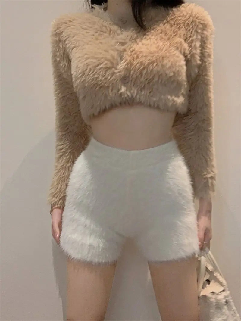 Warm Fluffy Shorts for Women High Waist Autumn Winter Korean Style Fashion Elegant Hot Sweet Female All-match Street Wear Mujer