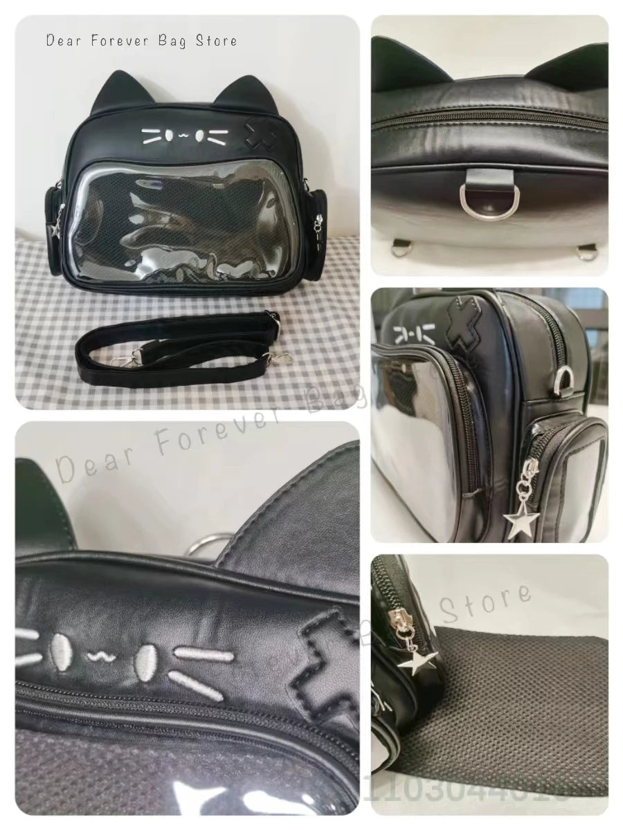 New Y2K Korean Kawaii Cat Ita Bag Cute PU Shoulder Bag Girls Transparent Pocket Harajuku Crossbody Bag Women's Fashion Backpacks