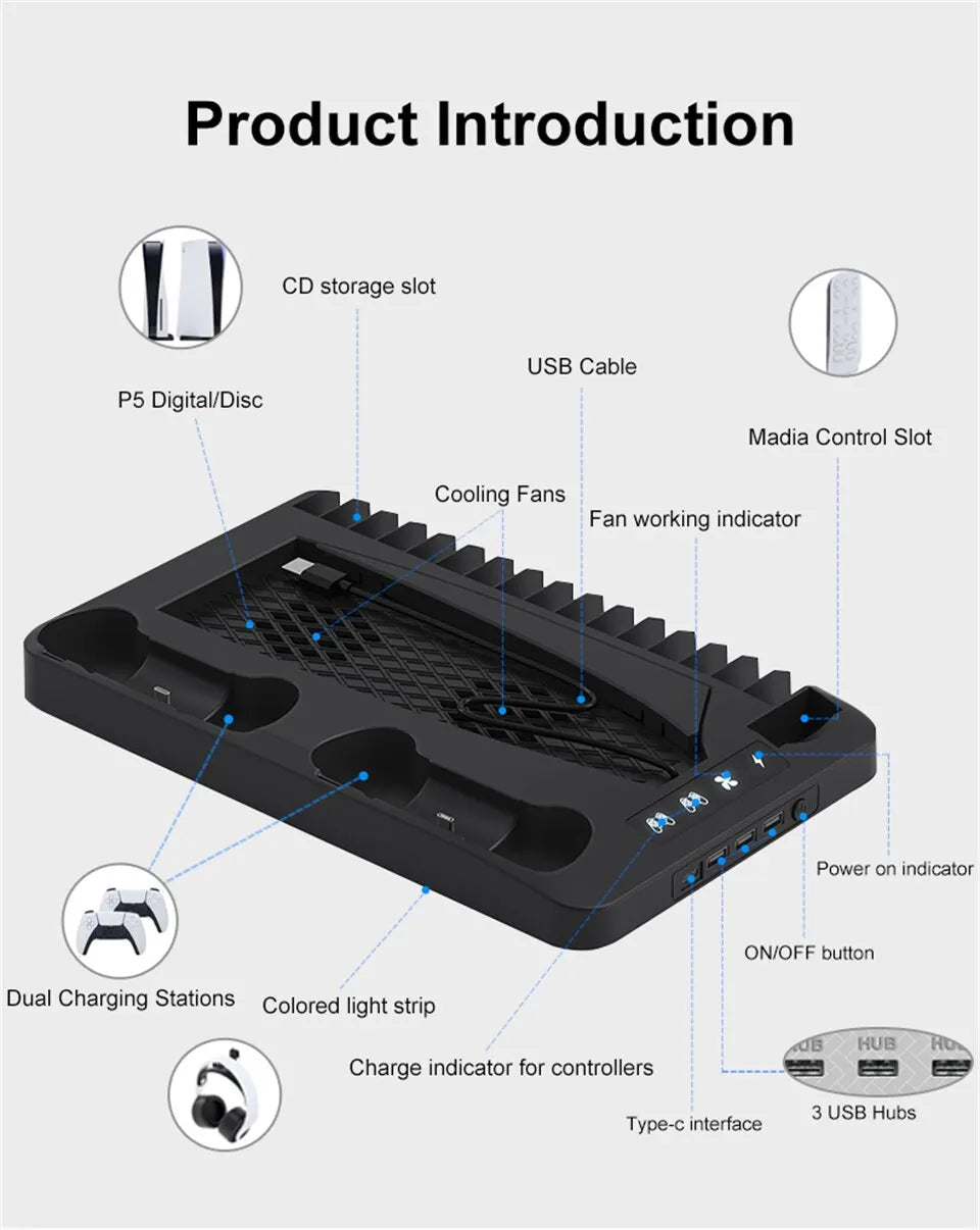 GAMINJA P58 P5 Stand Cooling Station With RGB Light Cooling Fan Dual Controllers Charger For Playstation 5 Game PS5 Accessories