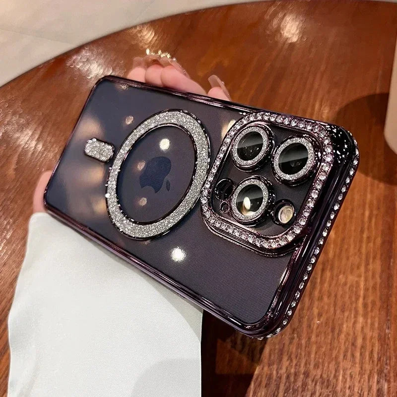 2024 New Fashion Glitter Diamond Transparent Case For iPhone 16 15 14 Plus 13 12 11 Pro Max Magnetic Wireless Charge Back Cover