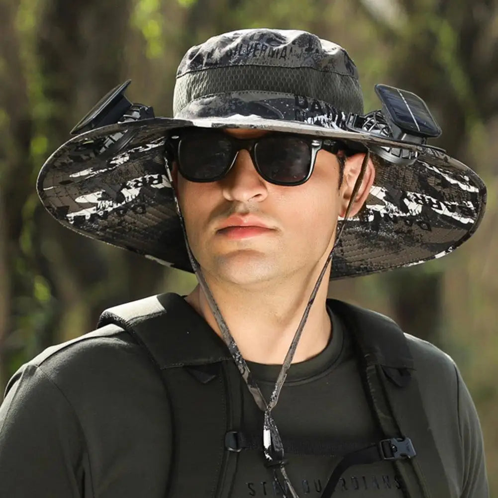 Men Fisherman Hat With 2 Solar Fan Windproof Strap USB Charging Anti-UV Large Brim Fan Sun Hat Sunlight Protection Fan Cap
