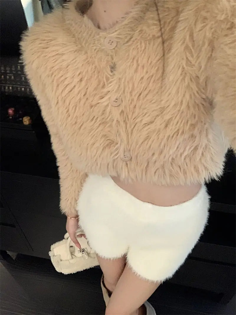 Warm Fluffy Shorts for Women High Waist Autumn Winter Korean Style Fashion Elegant Hot Sweet Female All-match Street Wear Mujer