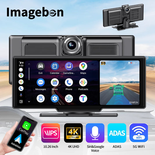 Imagebon 10.26" 4K ADAS Wireless CarPlay & Android Auto Dash Cam GPS Navigation 24h Park Monitor Night Vision Rear View Mirror
