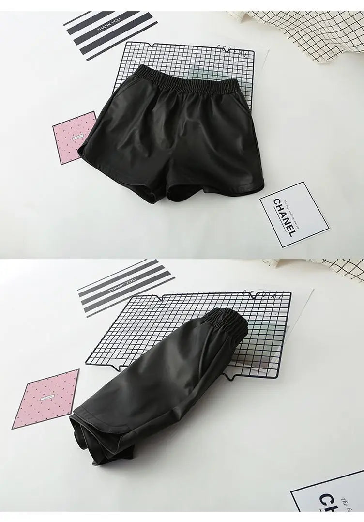 Shorts Women Ulzzang Chic Elastic Waist Pockets Loose Simple Pure Black Trendy Ins PU Leather Fall Casual 3XL Female All-match