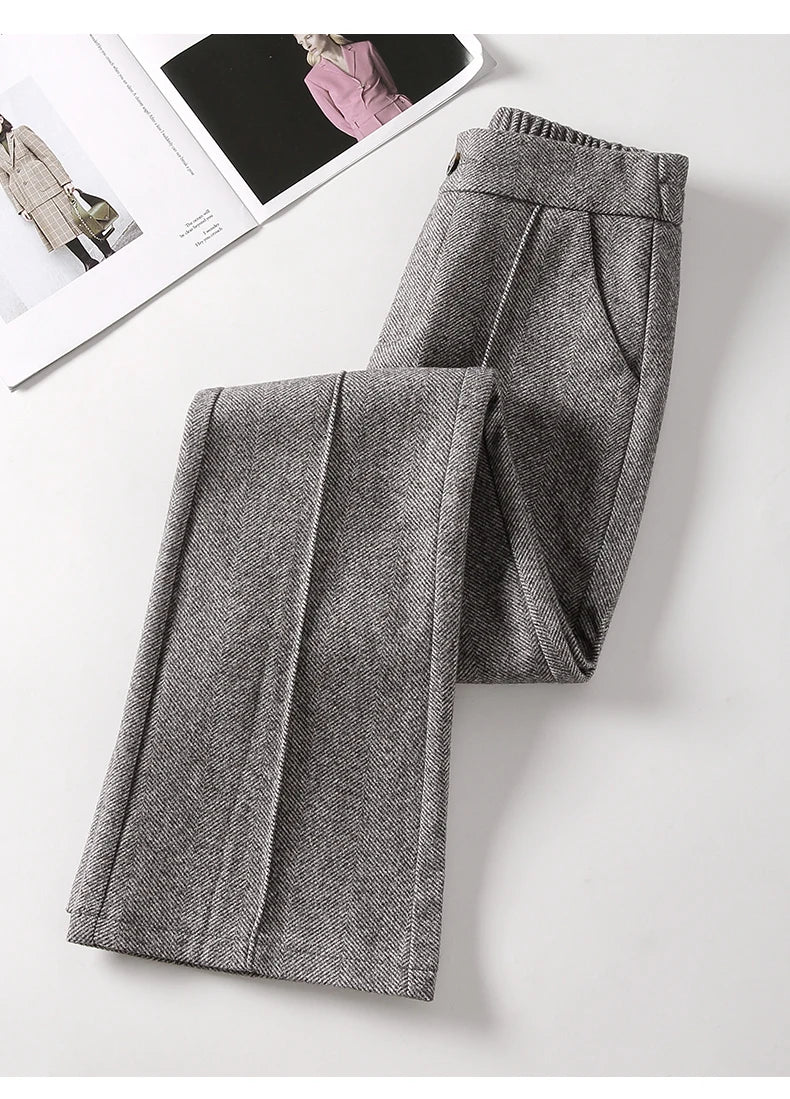 Herringbone Woolen Women's Pants Autumn and Winter 2024 New Elastic Waist Flare Pants Fashion Warm Comfort Black Trousers Women