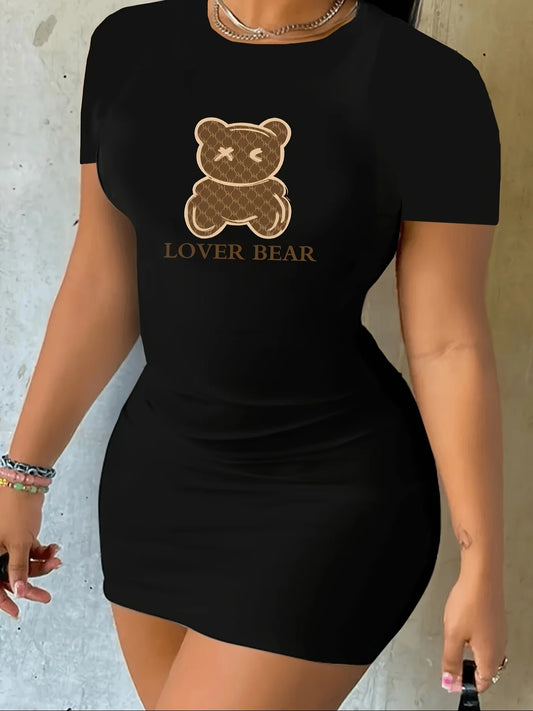 Women's Fashion High Quality Short Sleeve Loose Spor summer LOVER BEAR print short sleeved round neck loose casual T-shirt dress