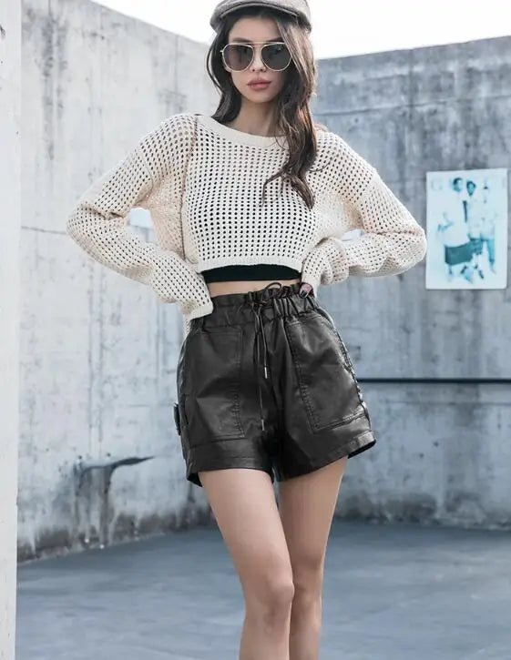 Shorts Women Ulzzang Chic Elastic Waist Pockets Loose Simple Pure Black Trendy Ins PU Leather Fall Casual 3XL Female All-match