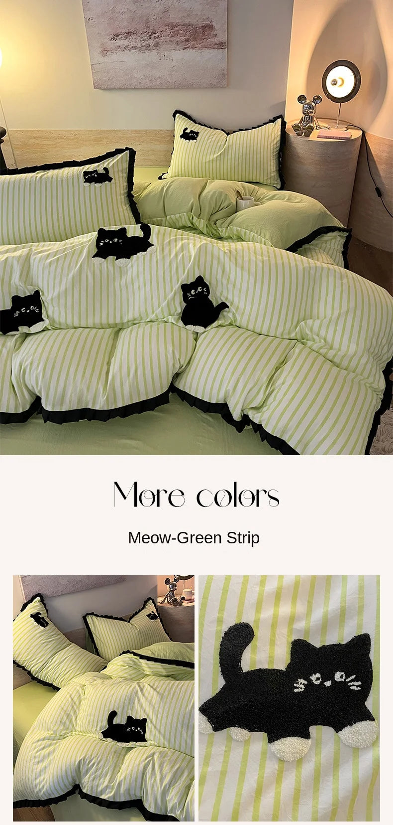 Korean Style Bedding Set Green Strip Black Cat Embroidery Washed Cotton  Duvet Cover Cute Cardboard  Bed linen Comforter Sets