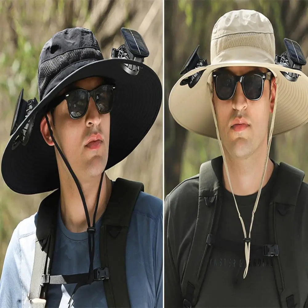Men Fisherman Hat With 2 Solar Fan Windproof Strap USB Charging Anti-UV Large Brim Fan Sun Hat Sunlight Protection Fan Cap