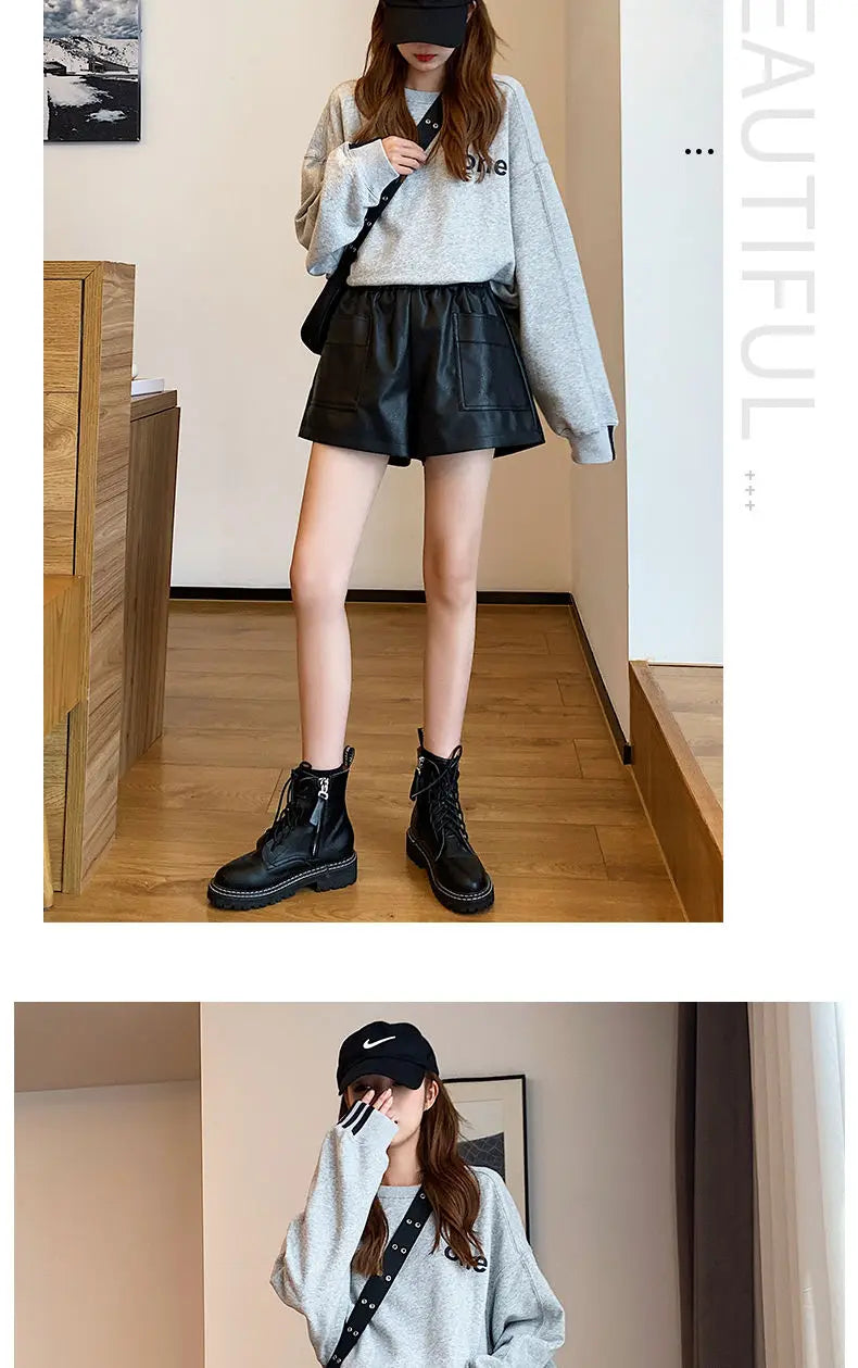 Shorts Women Ulzzang Chic Elastic Waist Pockets Loose Simple Pure Black Trendy Ins PU Leather Fall Casual 3XL Female All-match