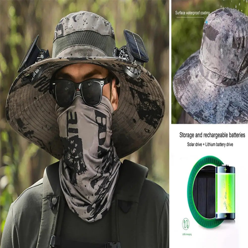 Men Fisherman Hat With 2 Solar Fan Windproof Strap USB Charging Anti-UV Large Brim Fan Sun Hat Sunlight Protection Fan Cap