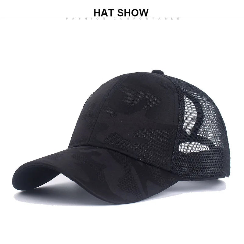 2024 New Summer Camouflage Mesh Trucker Hat Snapback Cap Chapeau Femme Fashion Messy Hair Bun Ponytail Baseball Caps for Women