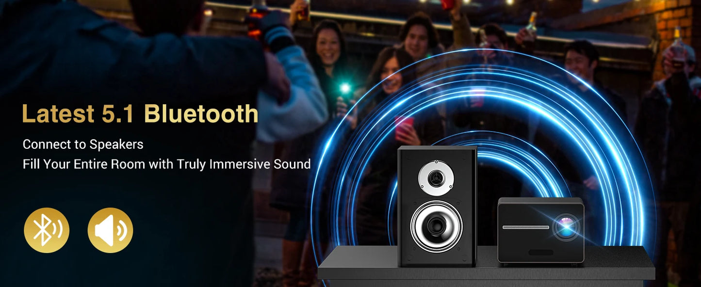 HAPPRUN Electric Focus Mini 1080P Bluetooth Projector, 200" Outdoor Movie Support, Compatible with Smartphone/HDMI/USB/PS5