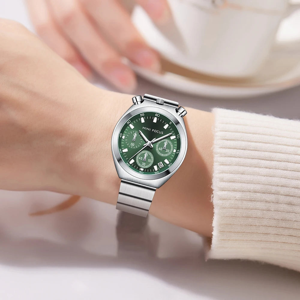 MINI FOCUS Elegant Multifunctional Watch for Women Fashion Waterproof Quartz Ladies Watches Steel Band Bull Head Wristwatch Gift