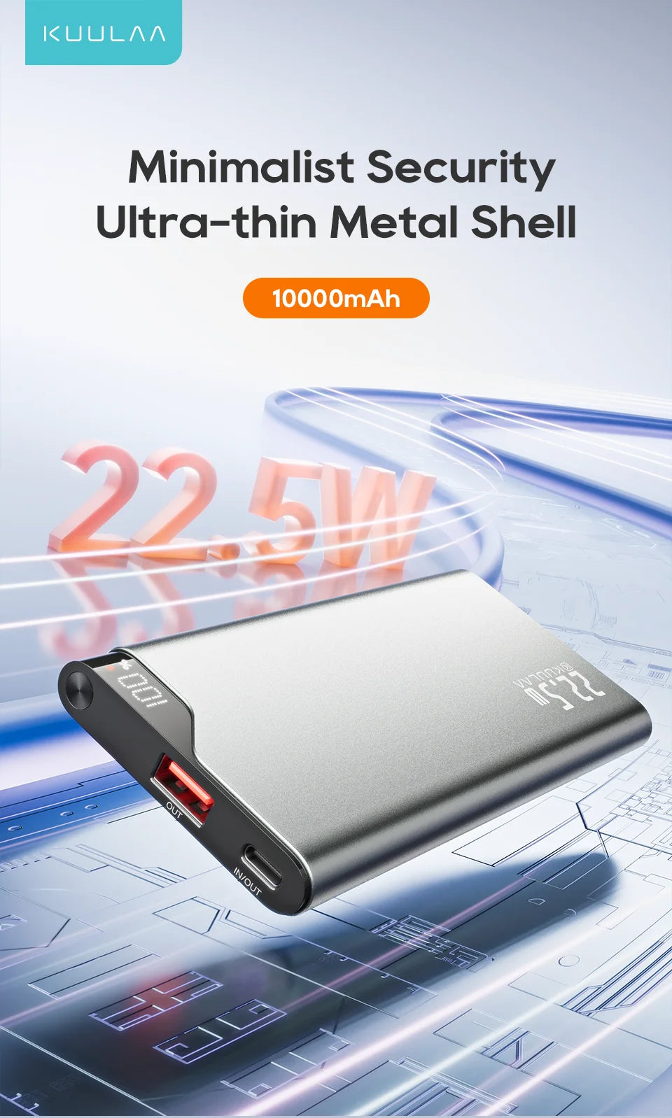 KUULAA 22.5W Power Bank 10000mAh Portable Charger PowerBank Fast Charging External Battery For iPhone 16 15 14 batterie externe