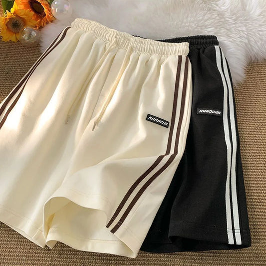 Striped Shorts Women Summer Streetwear Loose Wide Leg Shorts Y2K Korean Oversized Casual Elastic High Waist Sports Shorts Bf