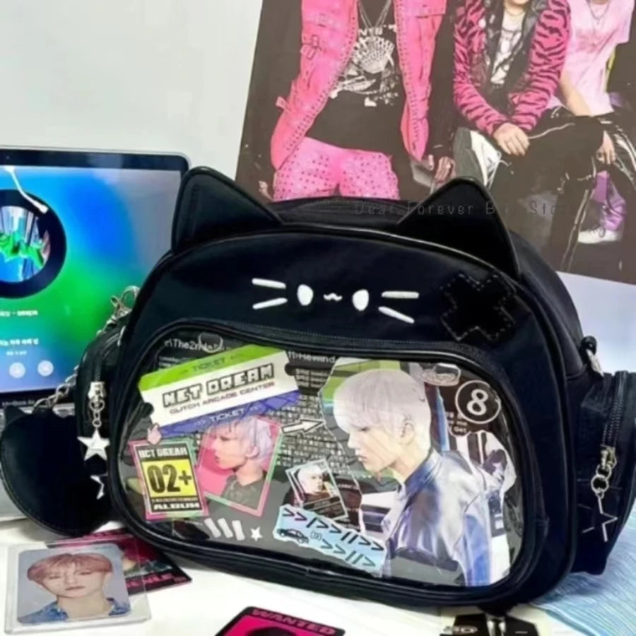 New Y2K Korean Kawaii Cat Ita Bag Cute PU Shoulder Bag Girls Transparent Pocket Harajuku Crossbody Bag Women's Fashion Backpacks