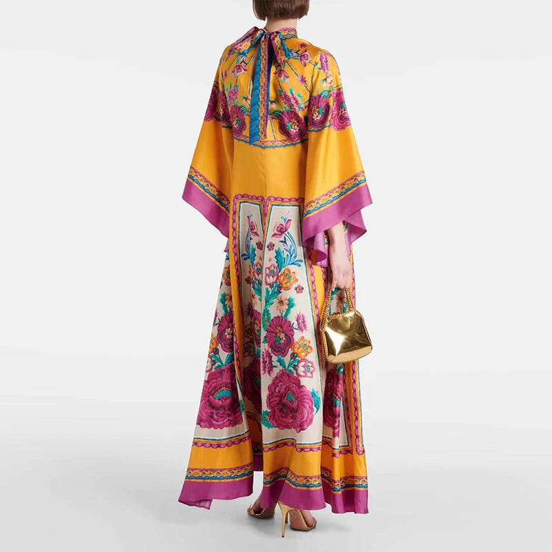 Ethnic Retro Spring Print Boho Long Dress Women Sexy Stand Collar Lace-up Party Dress Fall Long Sleeve Loose Ladies Maxi Dresses