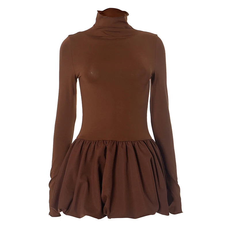 CUTENOVA 2024 Women'S Autumn And Winter New High Neck Long Sleeve Waisted Pod Short Skirt Slim Patchwork Dresses Elegant Lady