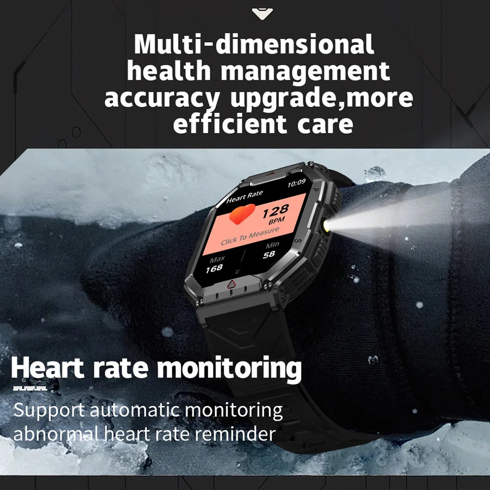 2024 New Rugged Military With LED Flashlight Smart Watch Men Heart Rate Bluetooth Call Waterproof Outdoor SmartWatch For Xiaomi