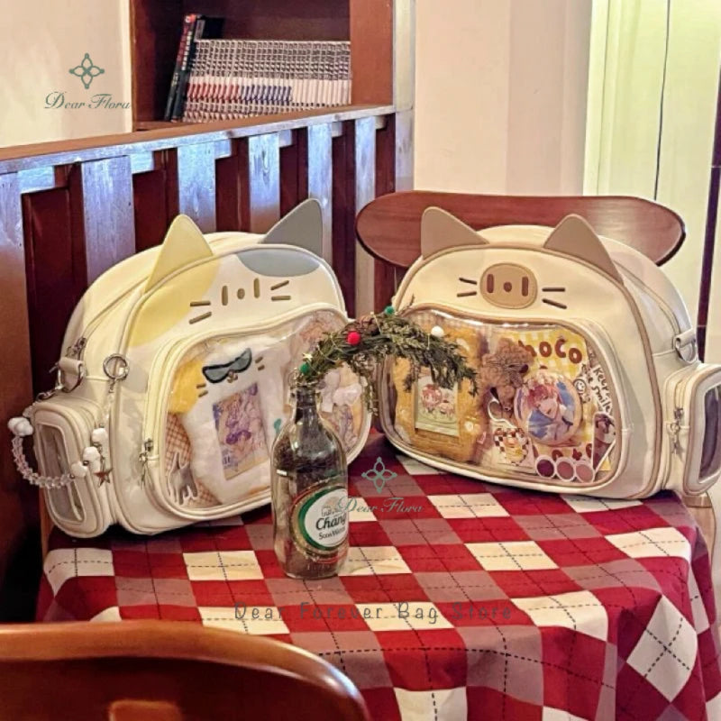 New Y2K Korean Kawaii Cat Ita Bag Cute PU Shoulder Bag Girls Transparent Pocket Harajuku Crossbody Bag Women's Fashion Backpacks