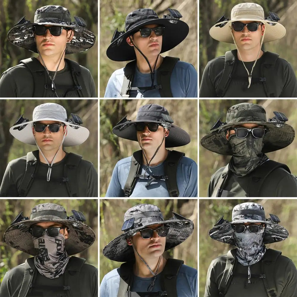 Men Fisherman Hat With 2 Solar Fan Windproof Strap USB Charging Anti-UV Large Brim Fan Sun Hat Sunlight Protection Fan Cap